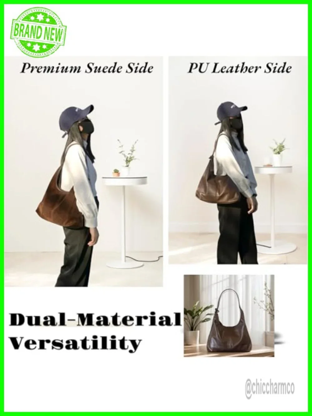 Reversible PU Leather and Suede Hobo Tote Bag with Pockets